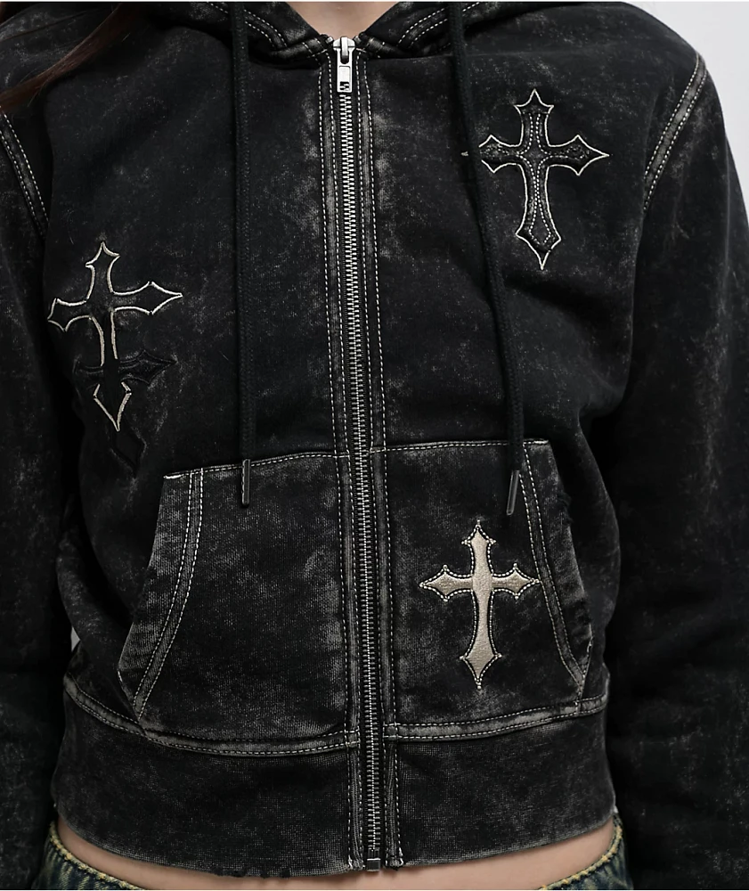 ★hamham様 Ninth Hall Andover Cross Black Wash Zip Hoodie at Hamilton Place
