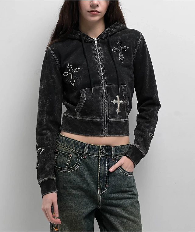 Ninth Hall Andover Cross Black Wash Zip Hoodie | Shop Midtown