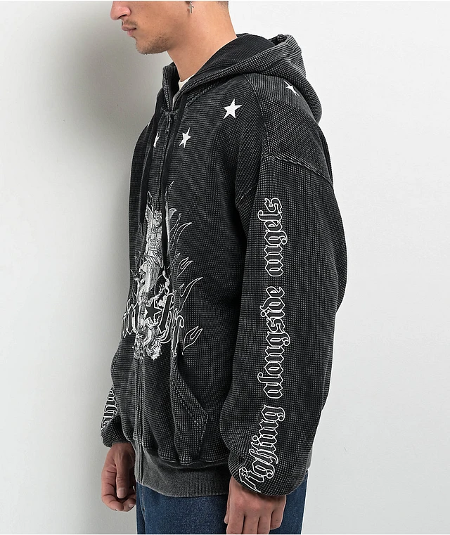 Ninth Hall Angels Black Wash Thermal Zip Hoodie at Coquitlam