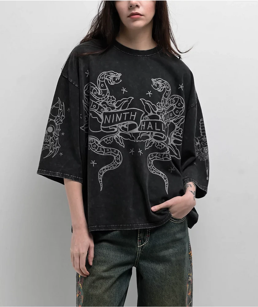 Ninth Hall Ciara Snake Black Wash Oversized Boxy T-Shirt at