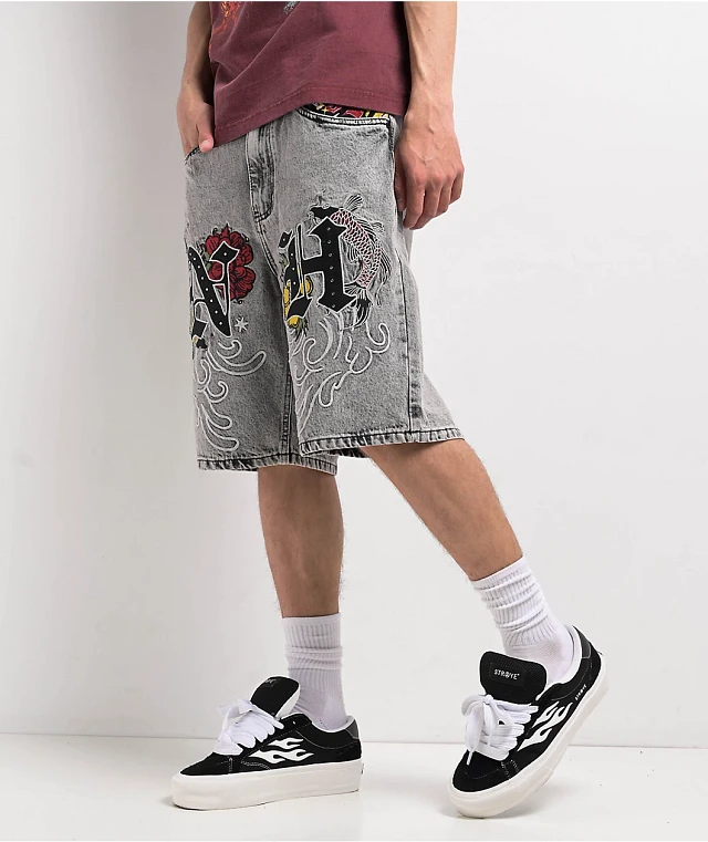 Ninth Hall Waylay Embroidered Grey Wash Denim Shorts at Foxvalley