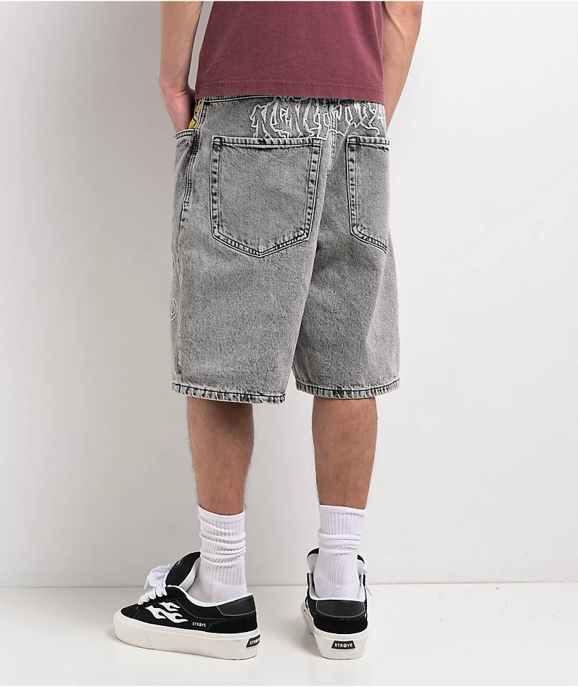 Ninth Hall Waylay Embroidered Grey Wash Denim Shorts at Foxvalley