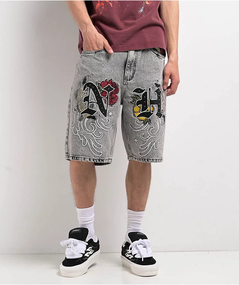 Ninth Hall Waylay Embroidered Grey Wash Denim Shorts | MainPlace Mall