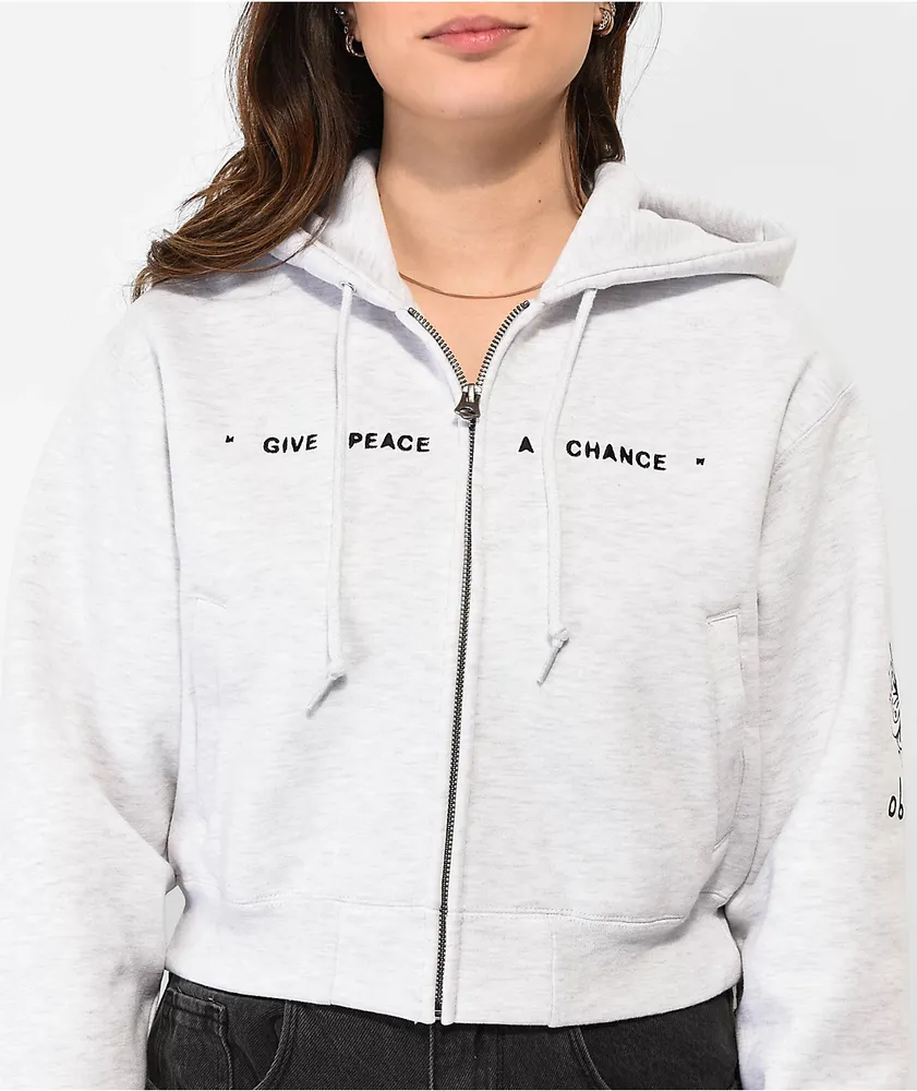 Obey Axel Give Peace Grey Crop Zip Hoodie | MainPlace Mall