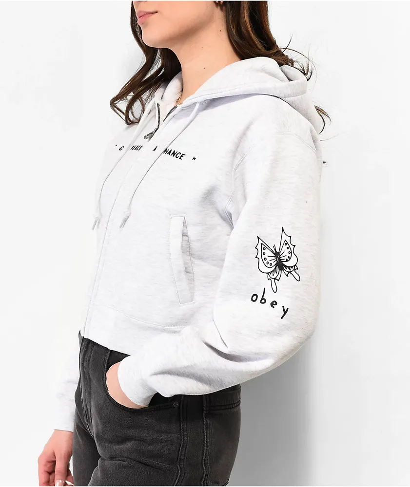 Obey Axel Give Peace Grey Crop Zip Hoodie | MainPlace Mall