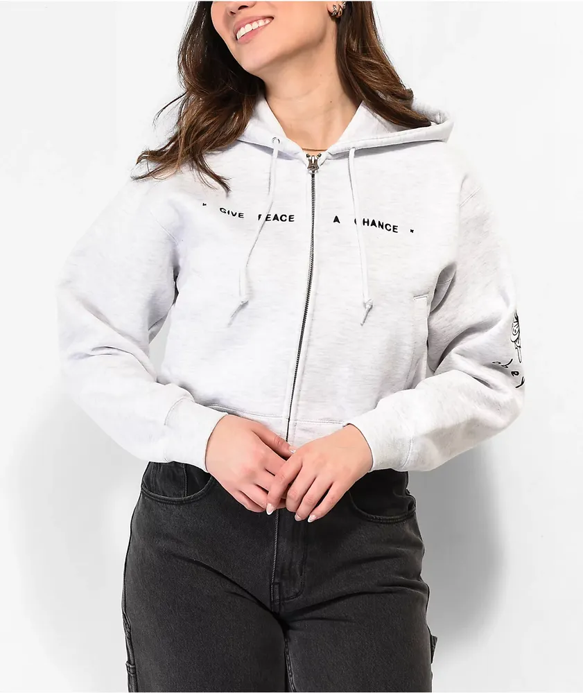 Obey Axel Give Peace Grey Crop Zip Hoodie | MainPlace Mall