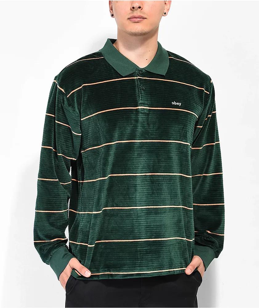 Obey Fete Green Velour Long Sleeve Polo Shirt | Pueblo Mall