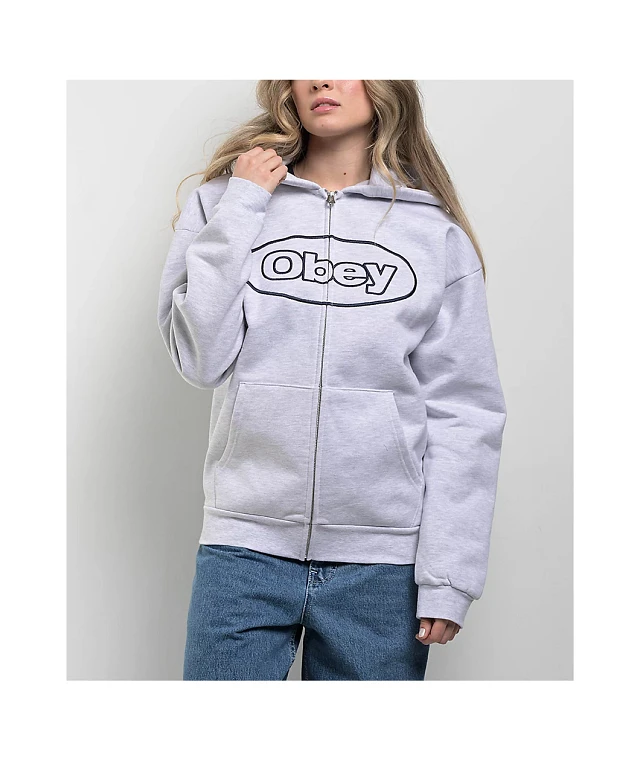 Obey Oval Extra Heavy Light Grey Zip Hoodie | Arden Fair