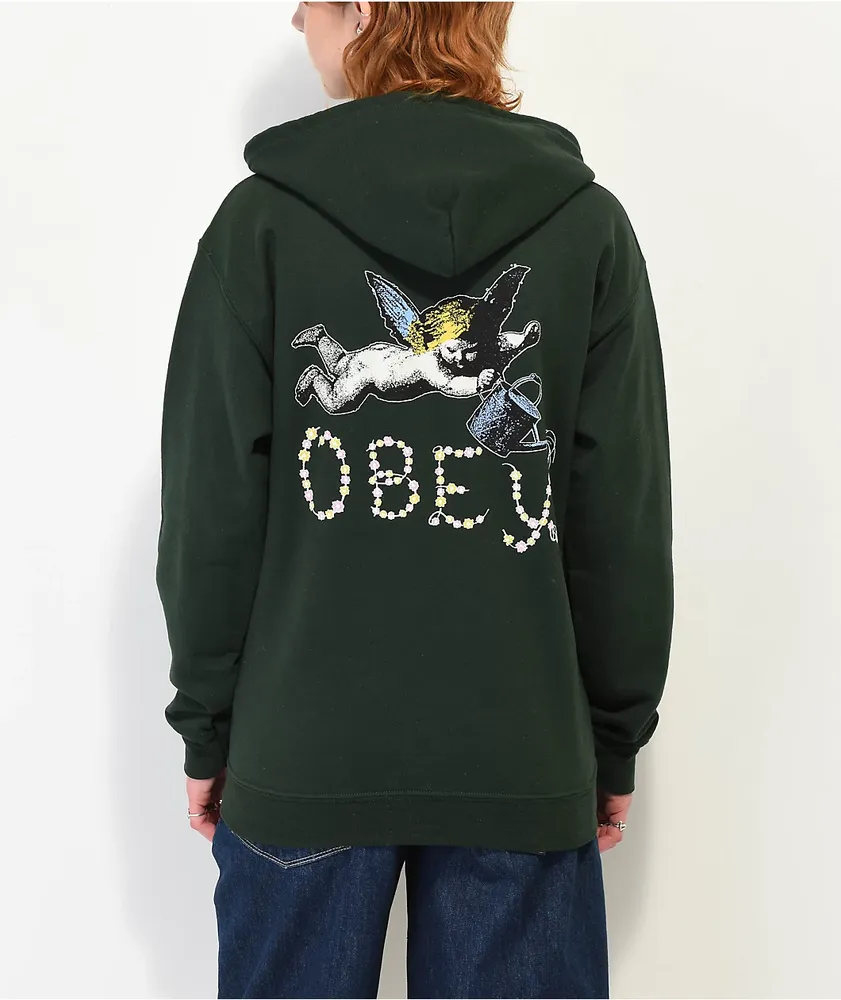 Obey Watering Can 3 Cherub Forest Green Zip Hoodie | Hamilton Place