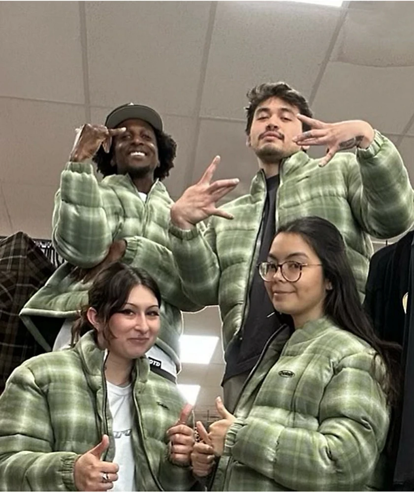 Petals by and Peacocks Haze Green Flannel Puffer Jacket at