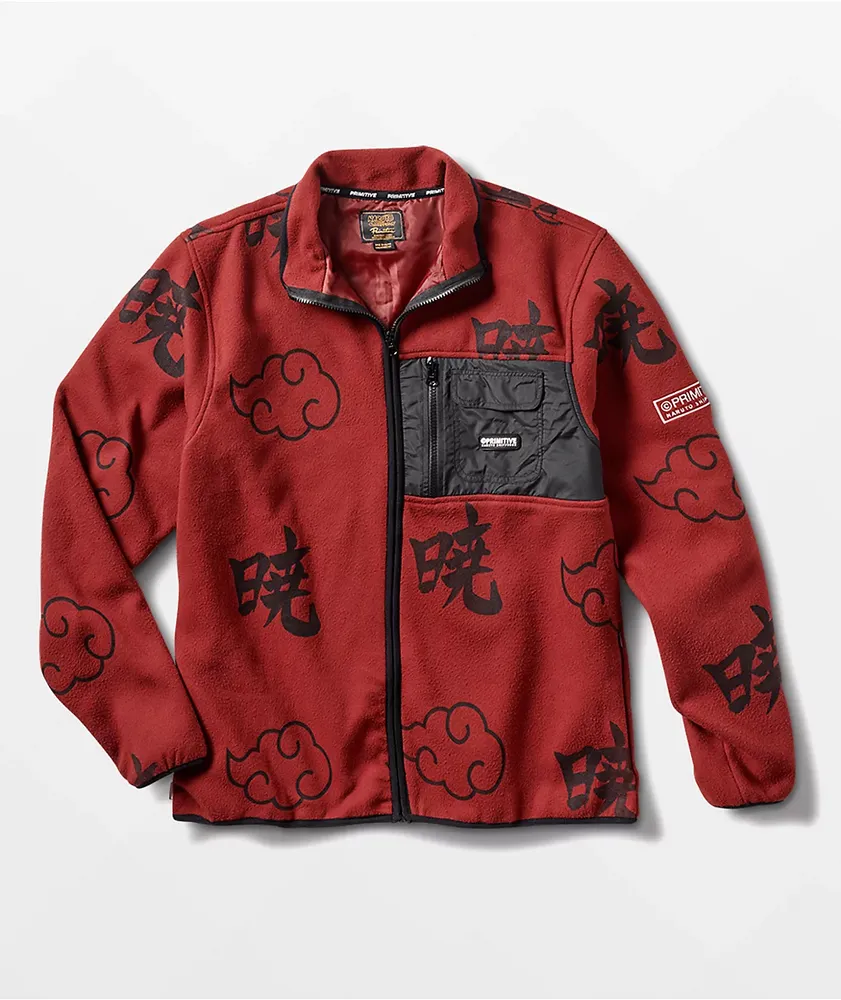 Primitive x naruto shippuden ii akatsuki top burgundy fleece zip up jacket