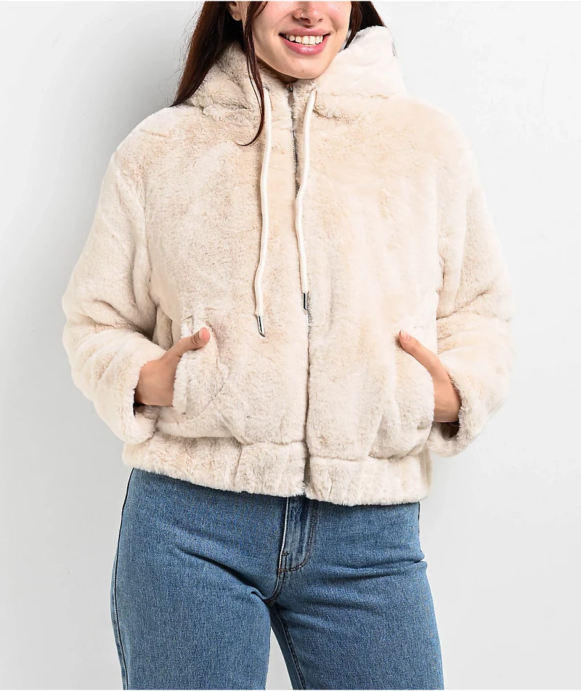 STOOSH Faux Fur Beige Crop Zip Hoodie | Liberty Center