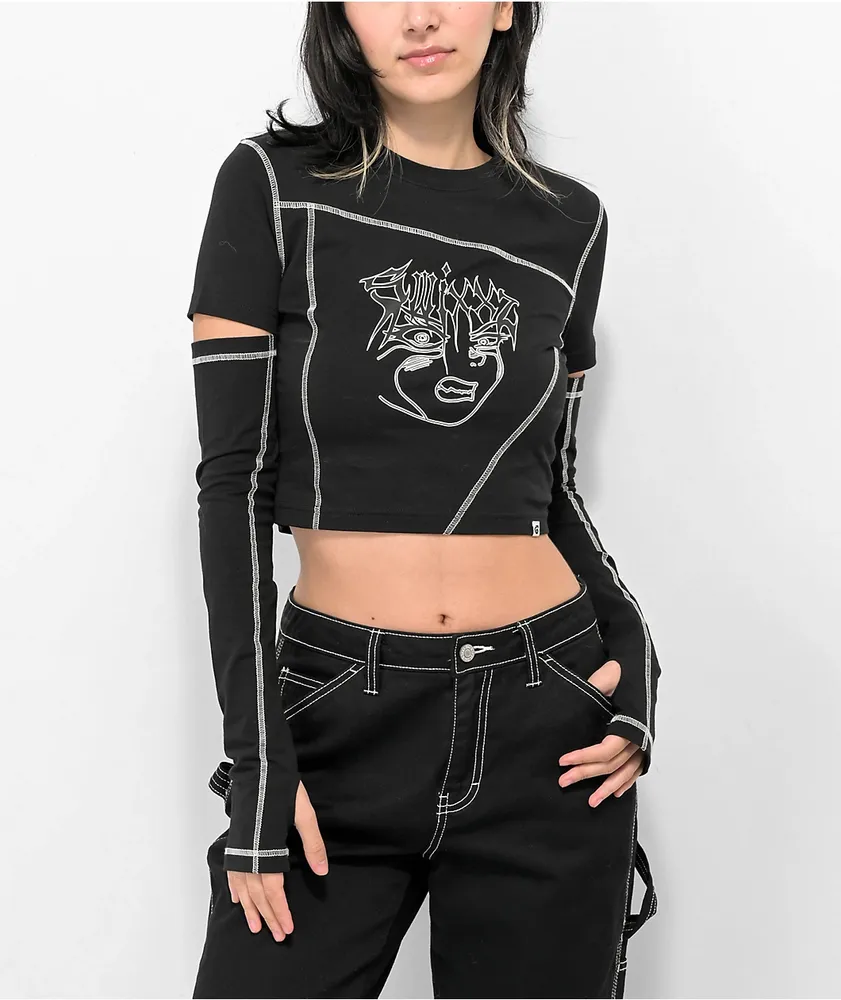SWIXXZ Anime Black Long Sleeve Crop T-Shirt at Hamilton Place in