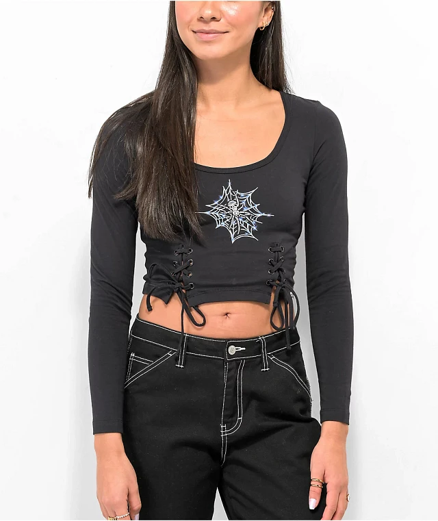 SWIXXZ Spider Lace Up Black Long Sleeve Crop T-Shirt | Liberty Center