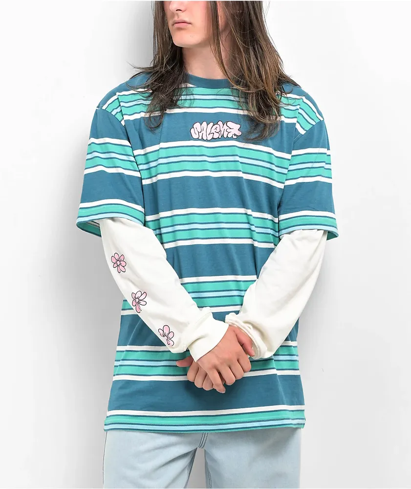Salem7 Flower Power Blue Stripe 2Fer Long Sleeve T-Shirt