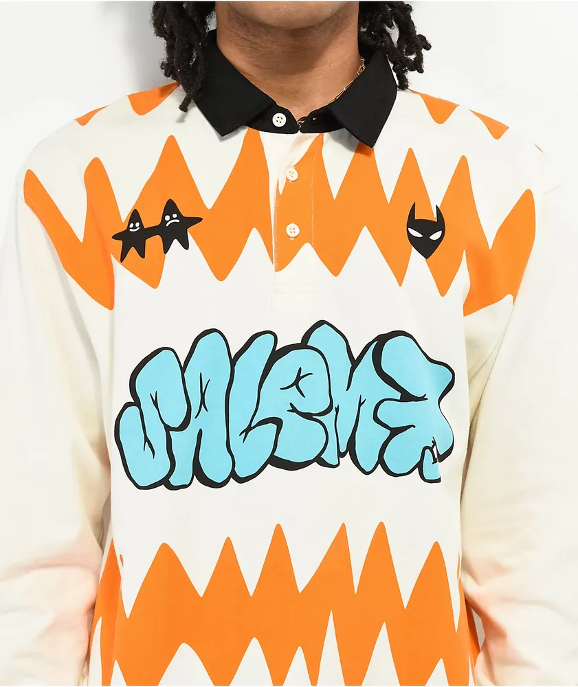 Salem7 Zig Zag Natural Long Sleeve Polo Shirt | MainPlace Mall