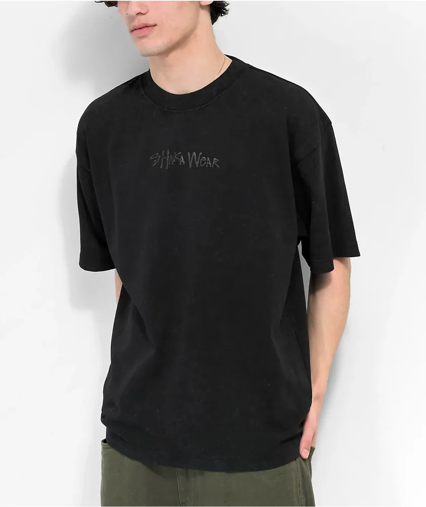Shaka Wear Design Puff Print Garment Dye Black Heavyweight T Shirt