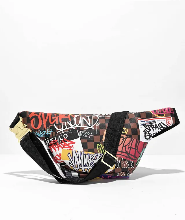 Sprayground Tagged Up Sharks In Paris Brown Checkered Fanny Pack