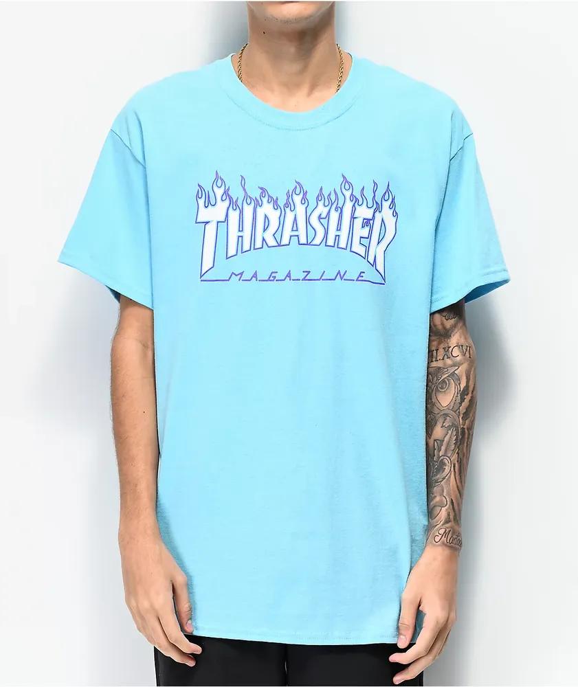 Pink thrasher shirt online with blue flames