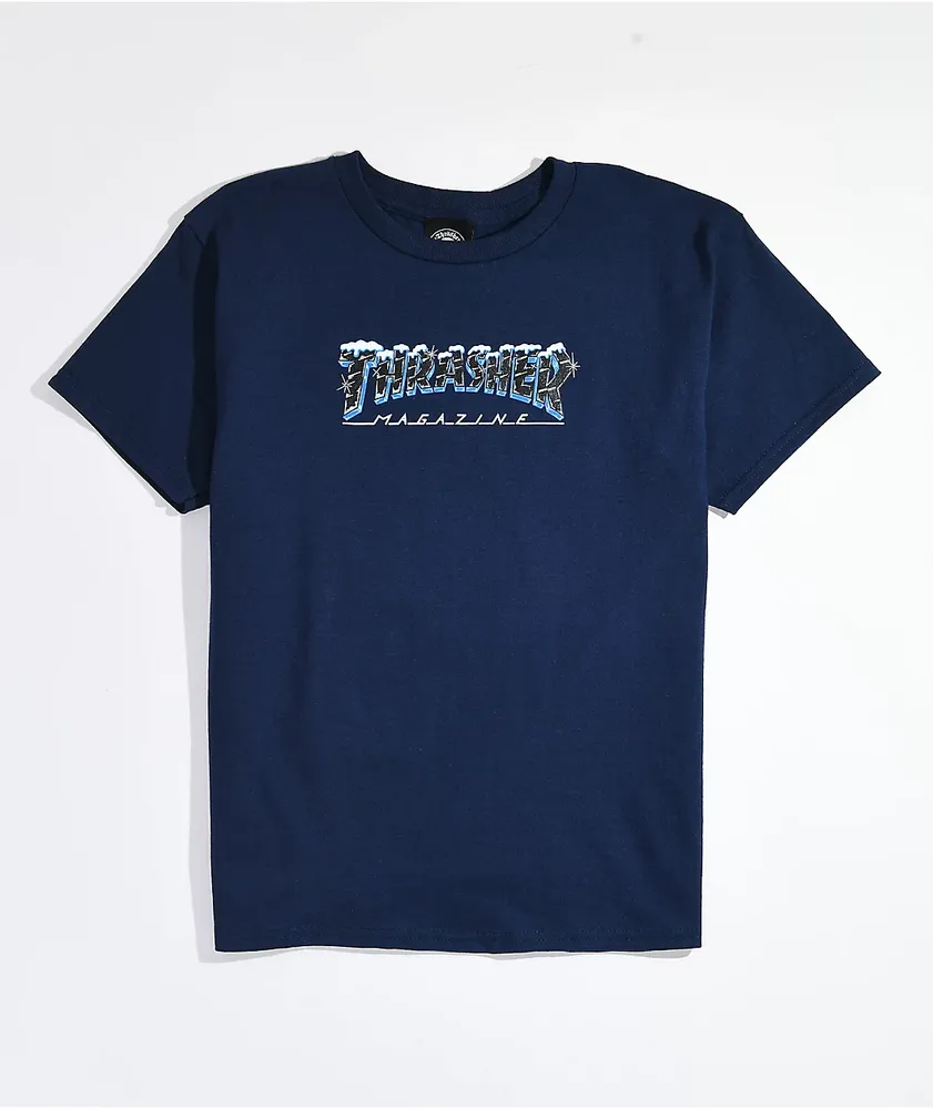 White and shop blue thrasher shirt