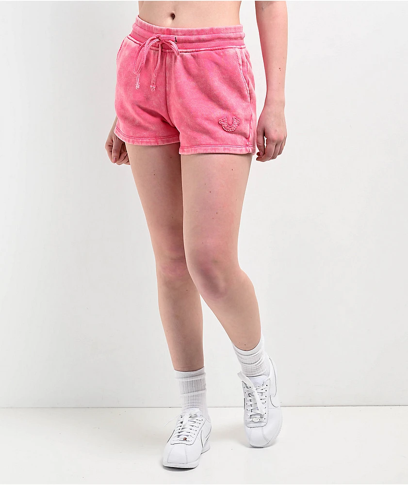 True Religion Acid Wash Big T Hot Pink Sweat Shorts at Hamilton