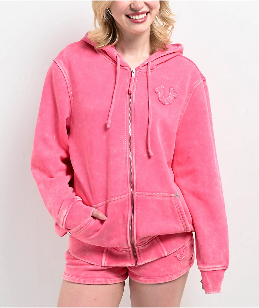 True Religion Acid Wash Big T Hot Pink Zip Hoodie at