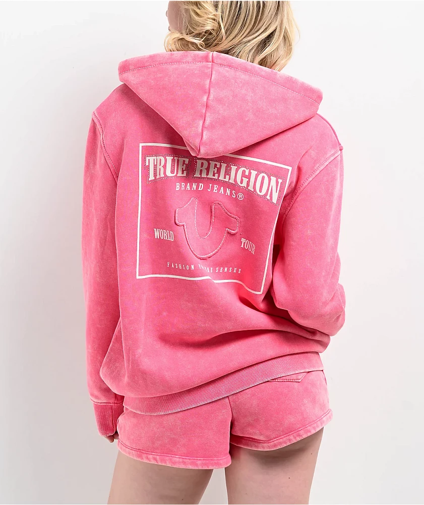 True Religion Acid Wash Big T Hot Pink Zip Hoodie | Mission Valley