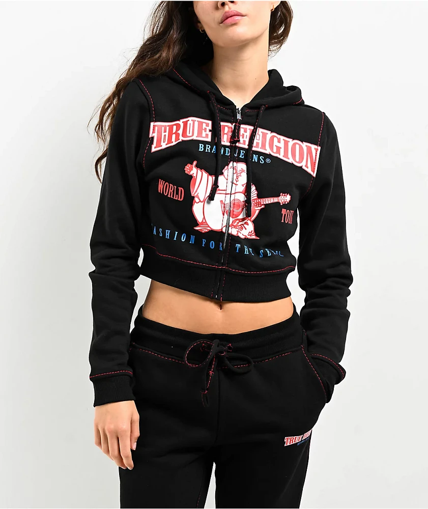 True Religion Anniversary Big T Black Crop Zip Hoodie | Liberty Center