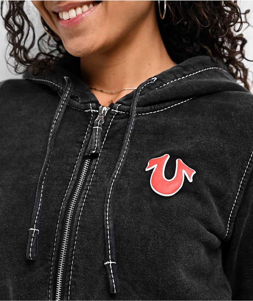 True Religion Big T Logo Black Wash Crop Zip Hoodie | Arden Fair