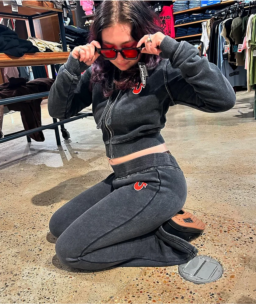 True Religion Big T Logo Black Wash Crop Zip Hoodie | Mission Valley