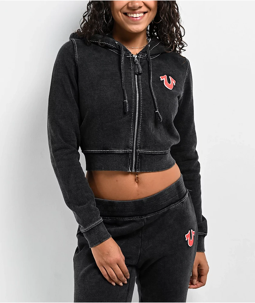 True Religion Big T Logo Black Wash Crop Zip Hoodie | Mission Valley