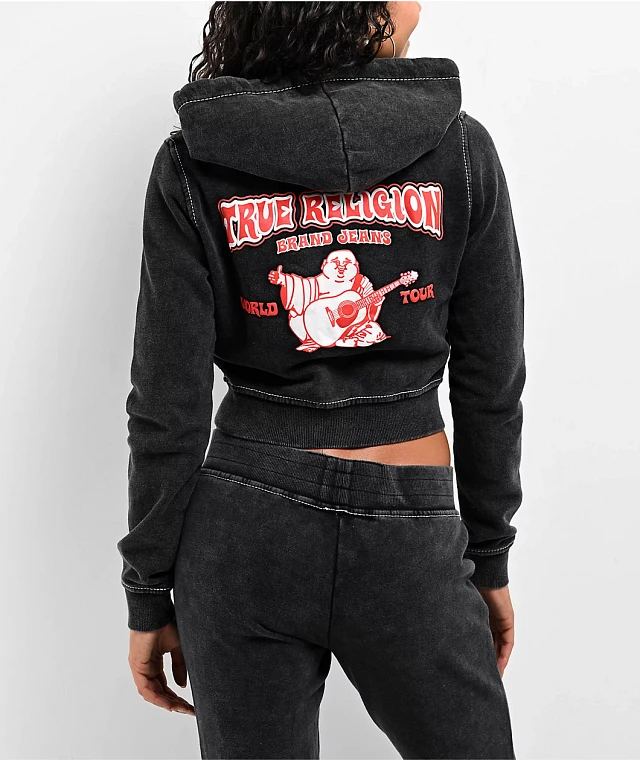 True Religion Big T Logo Black Wash Crop Zip Hoodie | Mission Valley