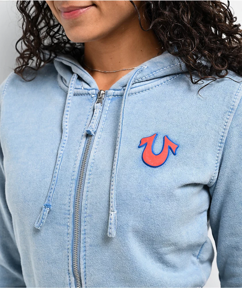 True Religion Big T Logo Blue Wash Crop Zip Hoodie | Liberty Center
