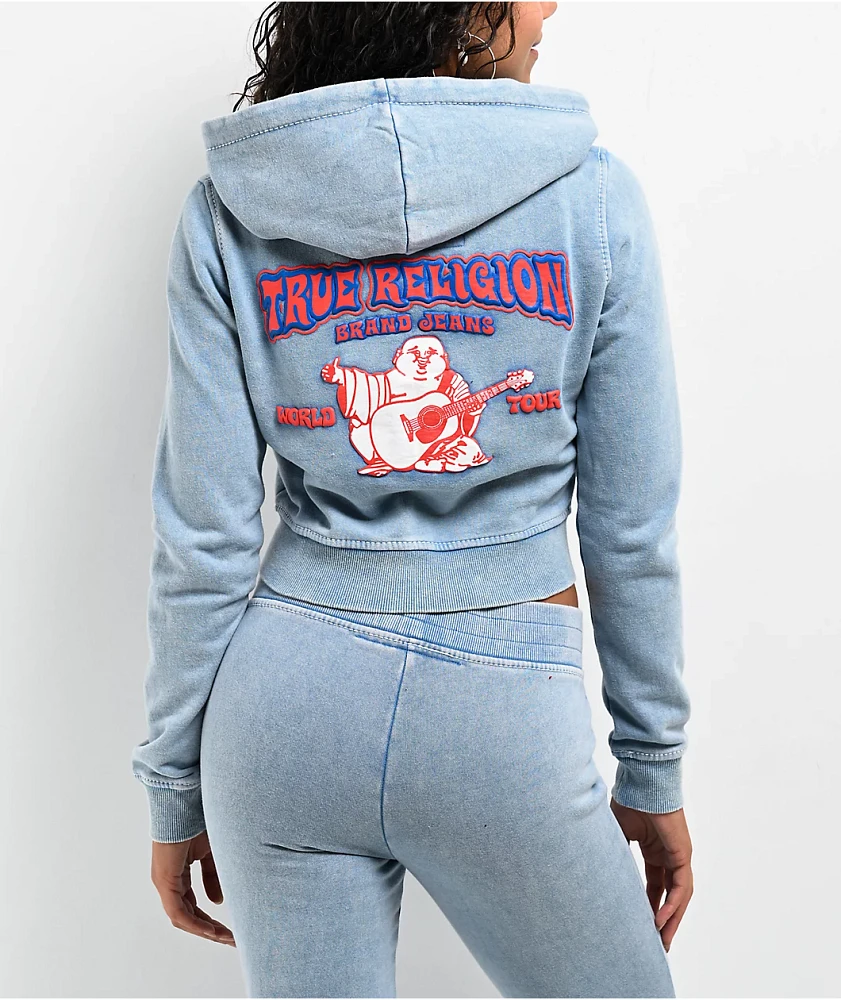True Religion Big T Logo Blue Wash Crop Zip Hoodie | Liberty Center