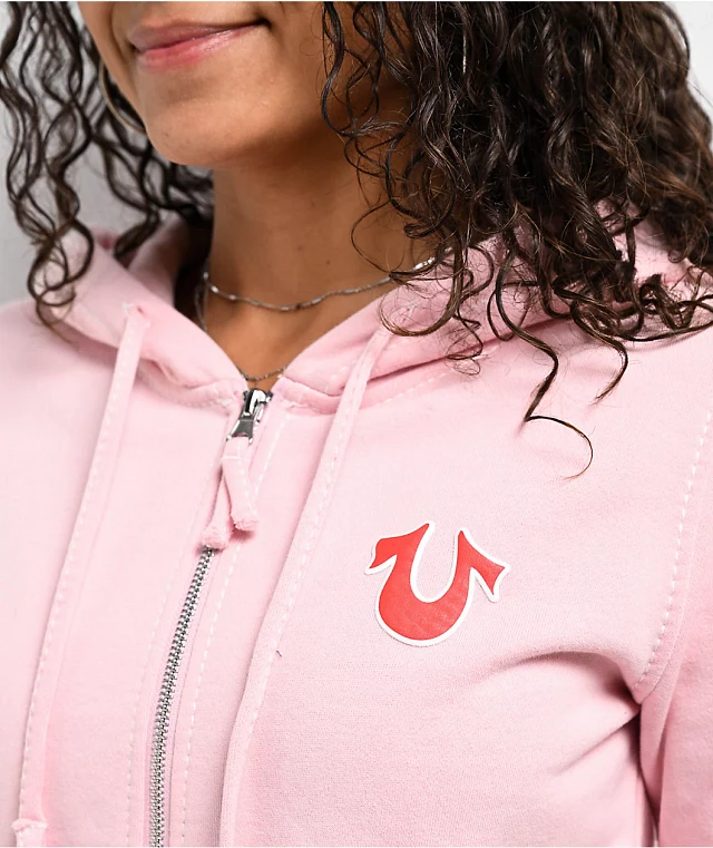 True Religion Big T Logo Pink Crop Zip Hoodie | Arden Fair