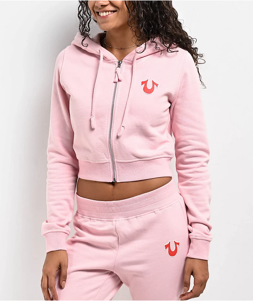 True Religion Big T Logo Pink Crop Zip Hoodie | MainPlace Mall