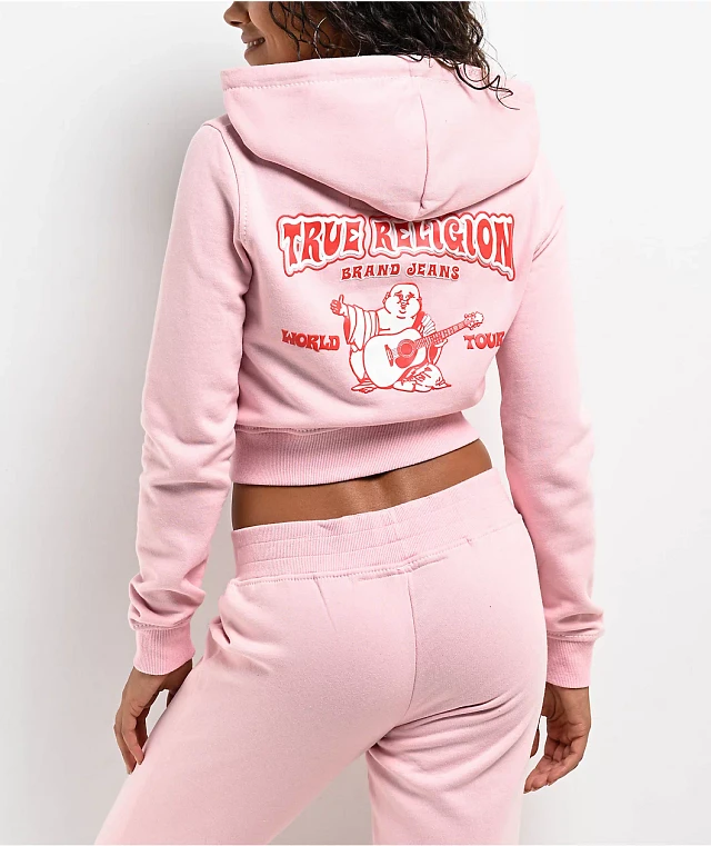 True Religion Big T Logo Pink Crop Zip Hoodie | MainPlace Mall