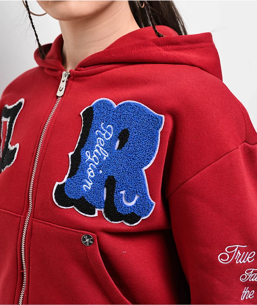 True Religion Crystal Patch Varsity Red Dahlia Crop Zip Hoodie at
