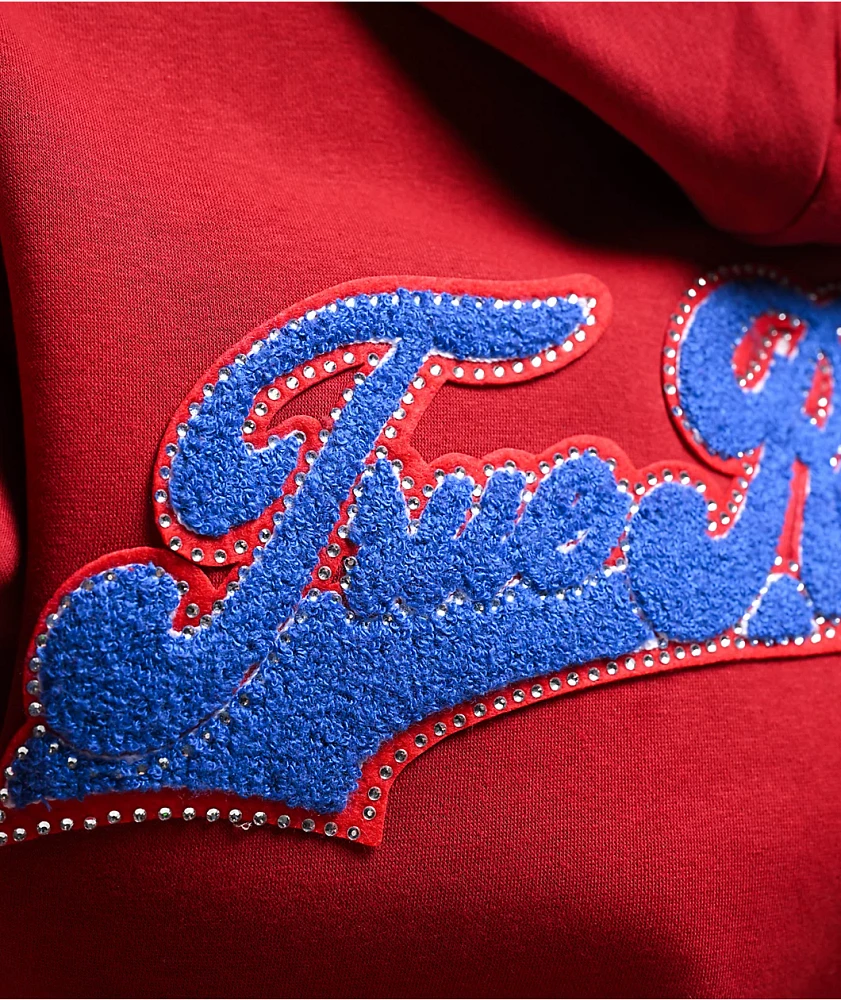 True Religion Crystal Patch Varsity Red Dahlia Crop Zip Hoodie at