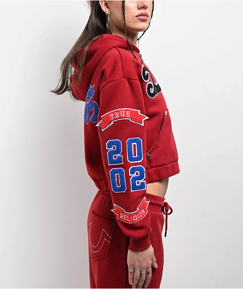 True Religion Crystal Patch Varsity Red Dahlia Crop Zip Hoodie at