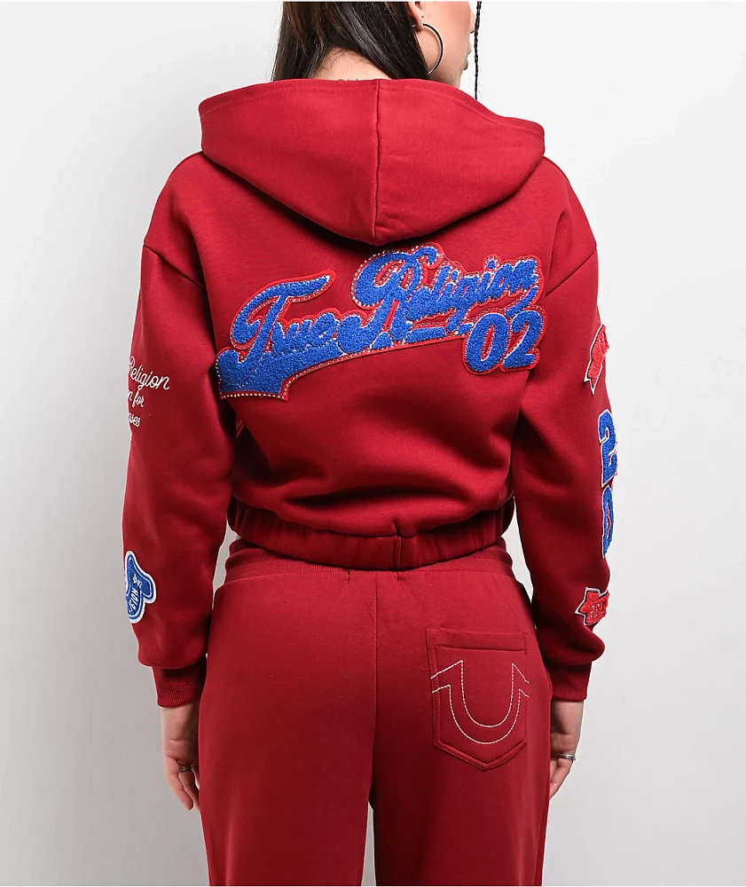 True Religion Crystal Patch Varsity Red Dahlia Crop Zip Hoodie at