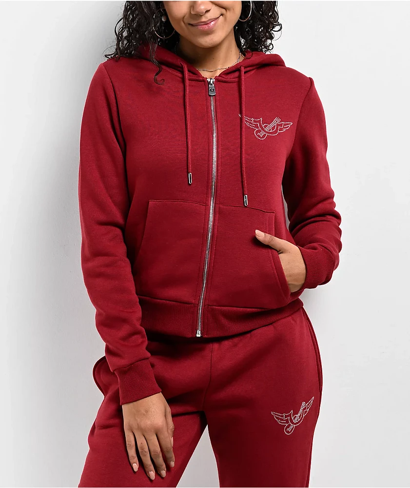 y♡Crystal True Religion Crystal Ruby Red Crop Zip Hoodie | MainPlace Mall