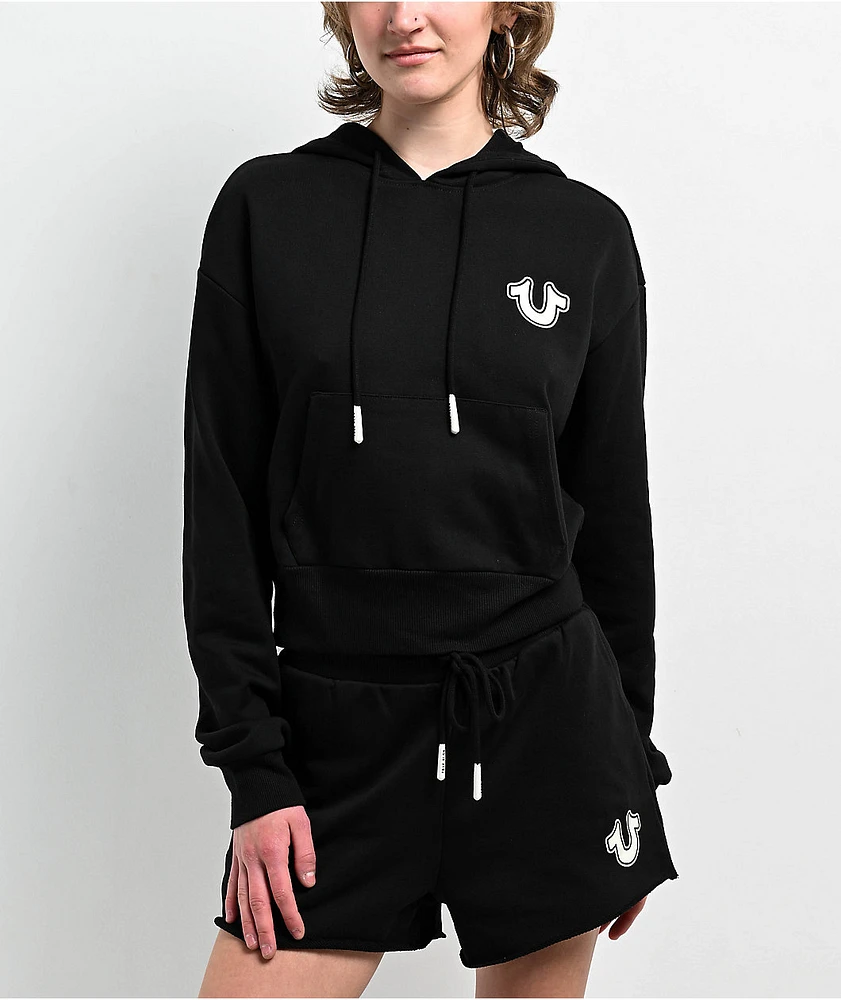 True Religion Jean Graphic Horseshoe Black Crop Hoodie | MainPlace