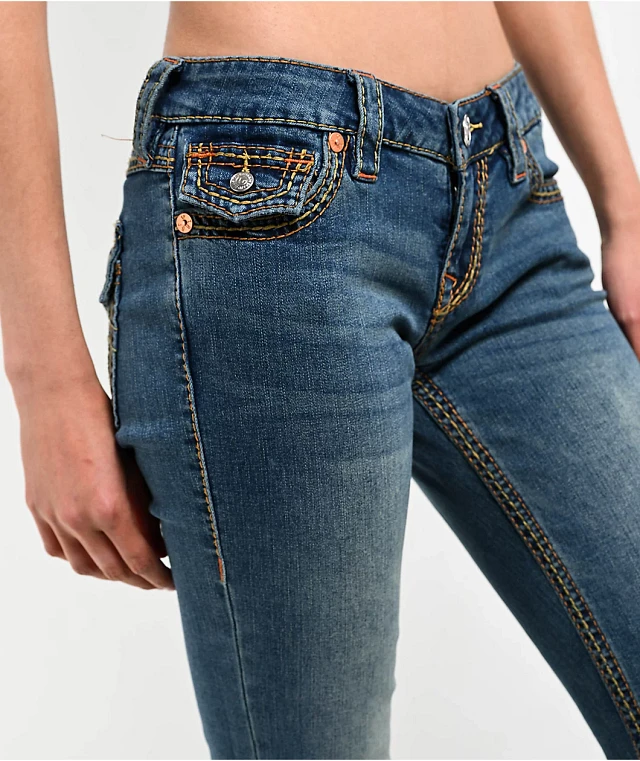 True Religion Joey Low Rise Saddle Stitch Dark Wash Flare