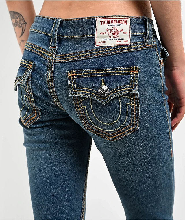 True Religion Joey Low Rise Saddle Stitch Dark Wash Flare