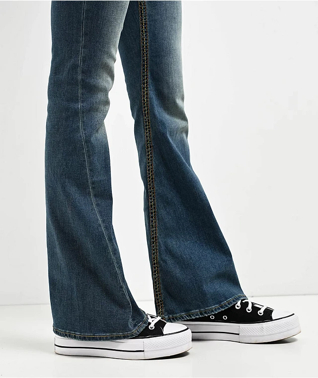True Religion Joey Low Rise Saddle Stitch Dark Wash Flare