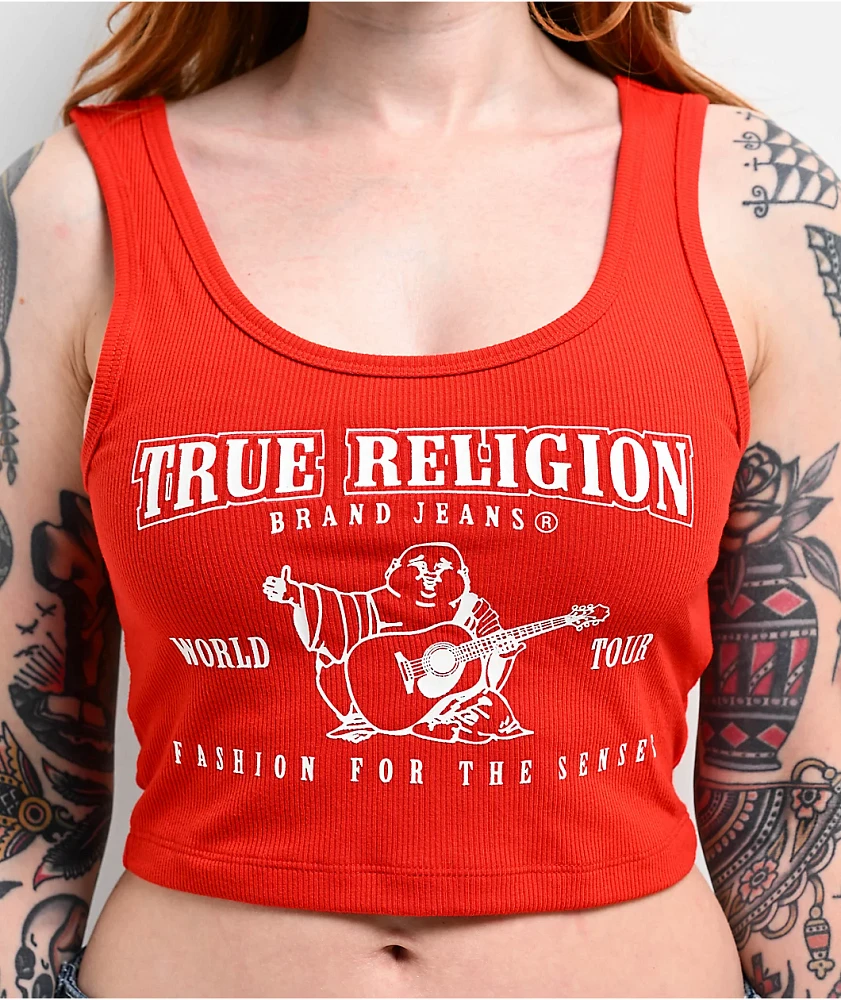 True Religion Logo Fiery Red Crop Tank Top | Arden Fair