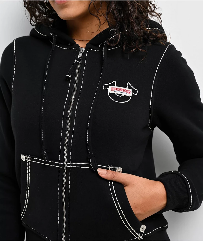 True Religion Super T Fleece Black Crop Zip Hoodie | MainPlace Mall