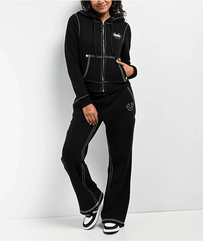 True Religion Super T Fleece Black Crop Zip Hoodie | Liberty Center