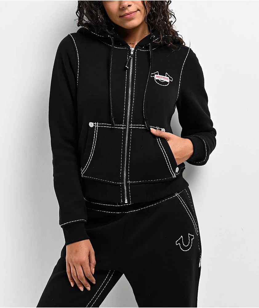 True Religion Super T Fleece Black Crop Zip Hoodie | MainPlace Mall